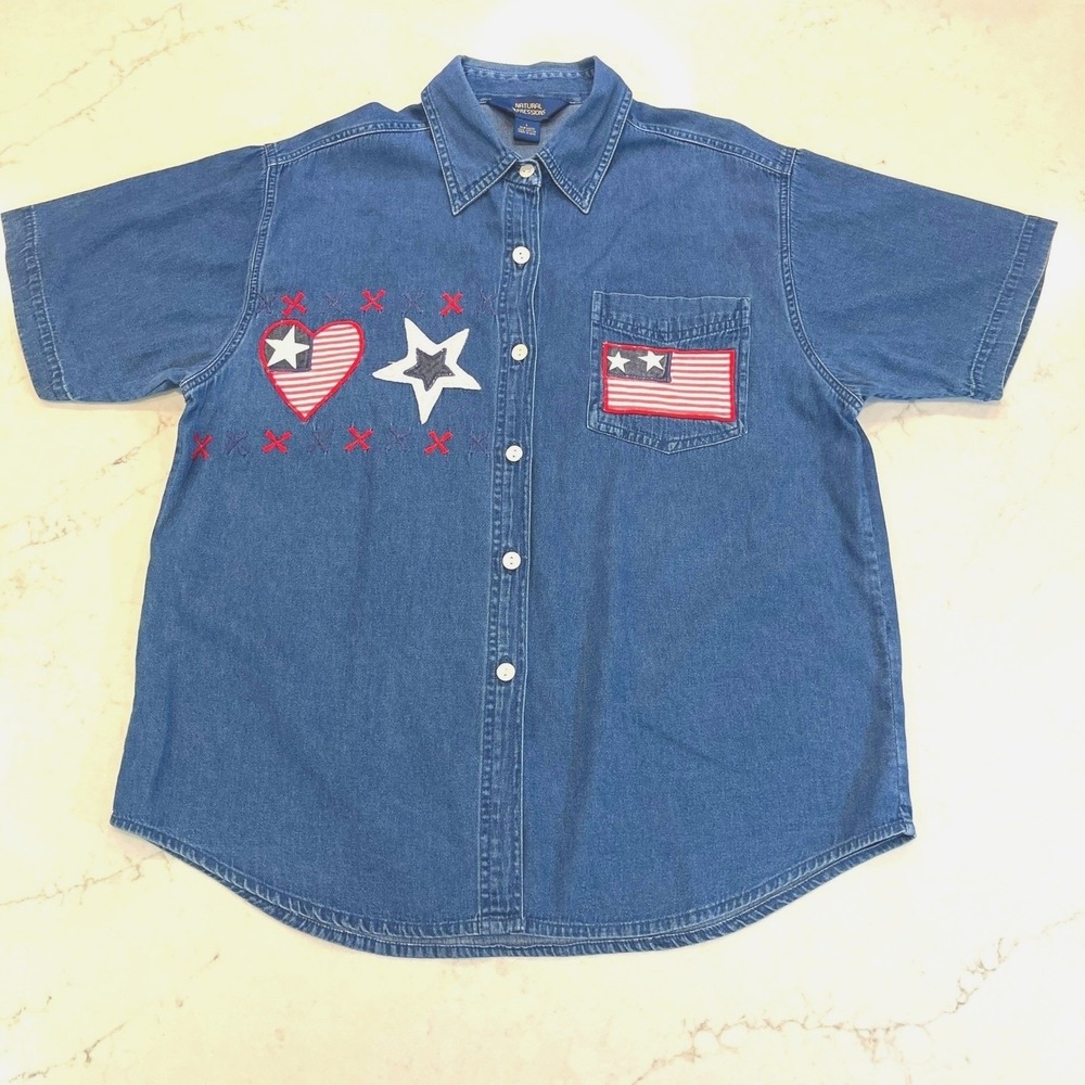 Natural Impressions VTG Patriotic Button Up Top Womens L Blue Americana Stars